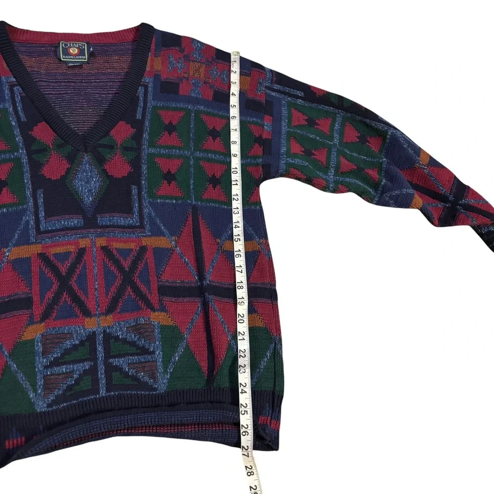 Vintage Chaps Ralph Lauren Geometric Tribal V-Neck Sweater Mens XL‎ Multi Color